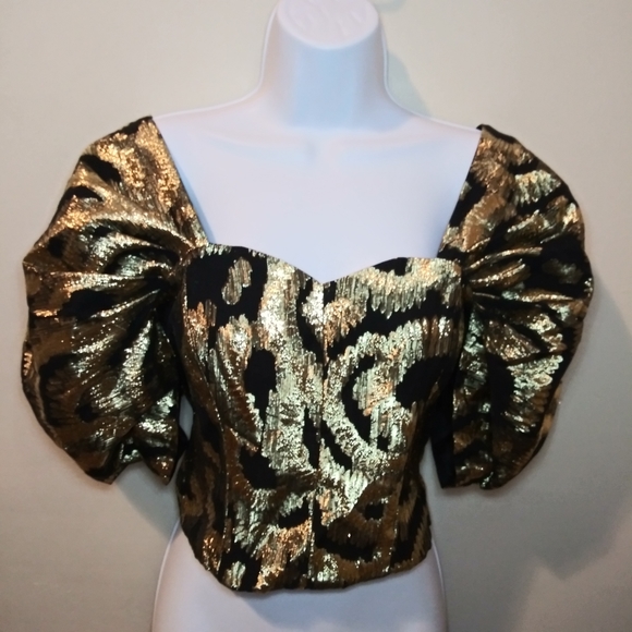 Zara Black & Gold Lame´ Puffed Sleeve Special Occasion Cropped Top - Picture 4 of 15